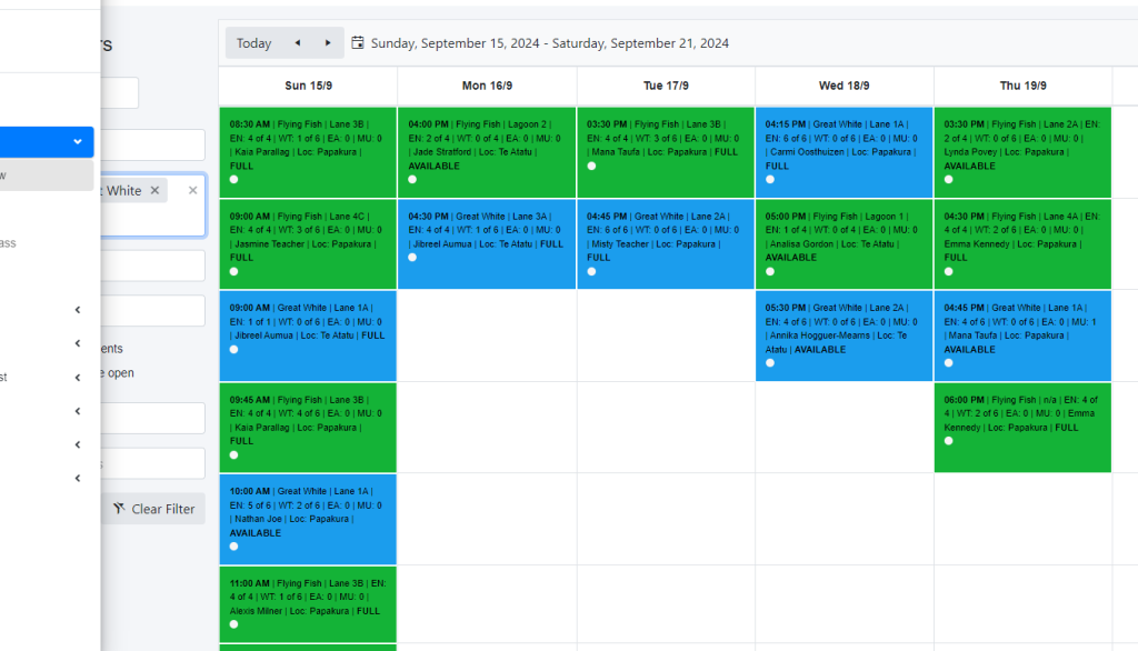 Swim school software schedule filtered