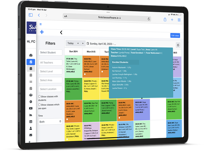 First Class software scheduling screen show casing swim school bookings